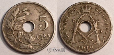Бельгия 5 сантимов 1910 года, BELGIË, 67-024b