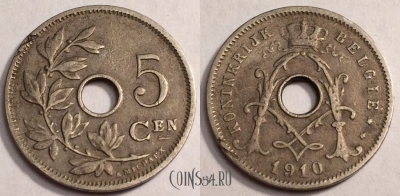 Бельгия 5 сантимов 1910 года, BELGIË, 067-066a
