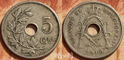 Бельгия 5 сантимов 1910 года, BELGIQUE, KM# 66, 355q-083