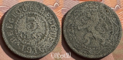 Бельгия 5 сантимов 1916 года, Q - E, KM# 80, 159s-021