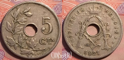 Бельгия 5 сантимов 1921 года, KM# 67, 248-059