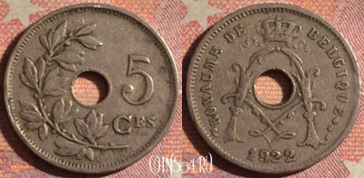 Бельгия 5 сантимов 1922 года, BELGIQUE, KM# 66, 192i-132