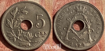 Бельгия 5 сантимов 1924 года, BELGIE, KM# 67, 123p-057 ♛