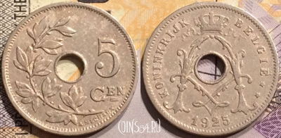 Бельгия 5 сантимов 1925 года, BELGIË, KM# 67, 146-056