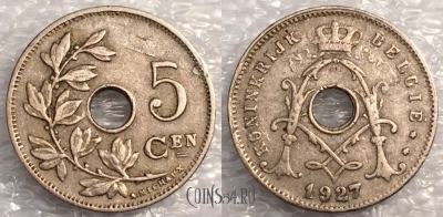 Бельгия 5 сантимов 1927 года, BELGIË, 77-028b