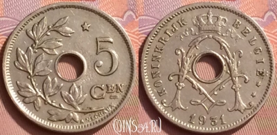 Бельгия 5 сантимов 1931 года, звезда, KM# 94, 055l-028