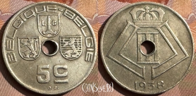 Бельгия 5 сантимов 1938 года, ↑↓ KM# 110, 379s-070