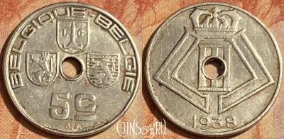 Бельгия 5 сантимов 1938 года, ↑↓ KM# 110, 462q-386