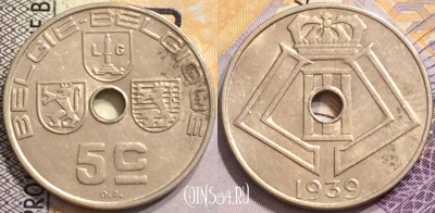 Бельгия 5 сантимов 1939 года, KM# 111, 148-036