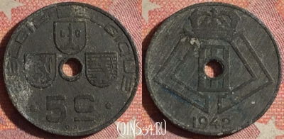 Бельгия 5 сантимов 1942 года, E-Q, KM# 124, 174i-114