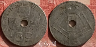 Бельгия 5 сантимов 1943 года, Q - E, KM# 123, 052l-144