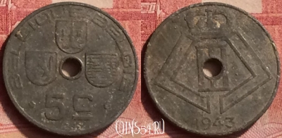 Бельгия 5 сантимов 1943 года, Q - E, KM# 123, 377l-028