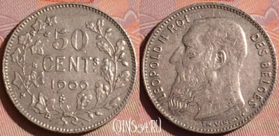 Бельгия 50 сантимов 1909 г. DES BELGES, KM# 60, 048i-136