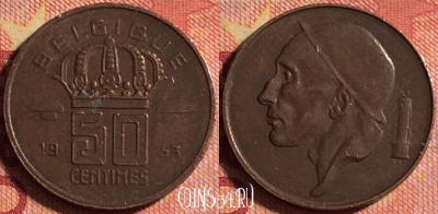 Бельгия 50 сантимов 1953 г., BELGIQUE, KM# 144, 177j-087