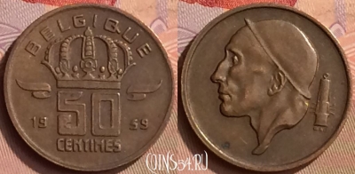 Бельгия 50 сантимов 1959 г., BELGIQUE, KM# 148, 443-104