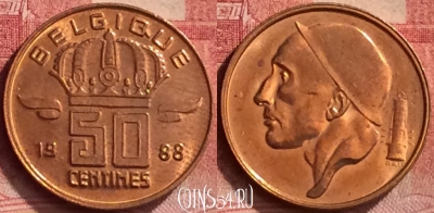 Бельгия 50 сантимов 1988 г., BELGIQUE, KM# 148, 052l-147