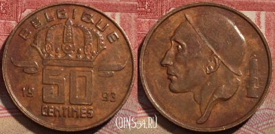 Бельгия 50 сантимов 1993 года, BELGIQUE, KM# 148, 216-133