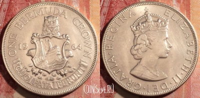 Бермуды 1 крона 1964 года, Ag, KM# 14, 229-093