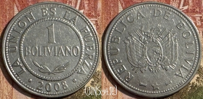 Боливия 1 боливиано 2008 года, KM# 205, 191s-061