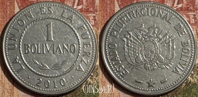 Боливия 1 боливиано 2010 года, KM# 217, 185s-121