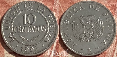 Боливия 10 сентаво 1995 года, KM# 202, 484р-011 ♛