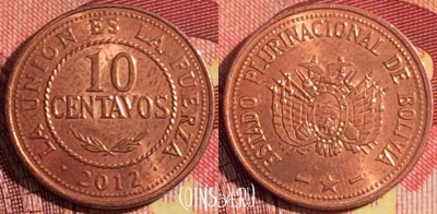 Боливия 10 сентаво 2012 года, KM# 214, 253i-058