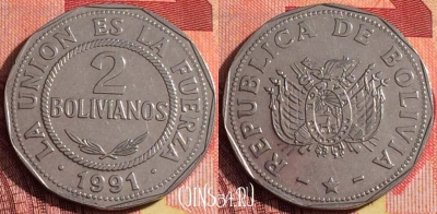 Боливия 2 боливиано 1991 года, KM# 206.1, 254i-034