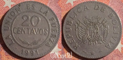 Боливия 20 сентаво 1991 года, KM# 203, 348-055