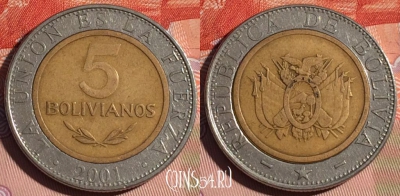 Боливия 5 боливиано 2001 года, KM# 212, 118d-140