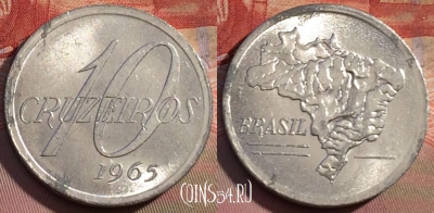 Бразилия 10 крузейро 1965 года, KM# 572, UNC, 256b-136