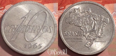 Бразилия 10 крузейро 1965 года, KM# 572, UNC, 272-095