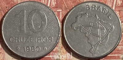 Бразилия 10 крузейро 1980 года, KM# 592.1, 478р-045