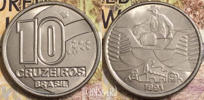 Бразилия 10 крузейро 1991 года, KM# 619, 136-053