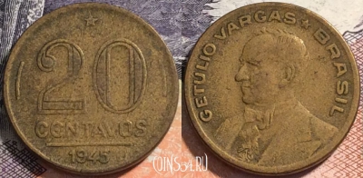 Бразилия 20 сентаво 1945 года, KM# 556a, 163-098