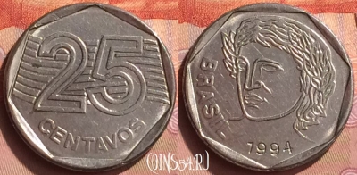 Бразилия 25 сентаво 1994 года, KM# 634, 089o-025
