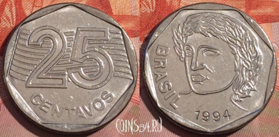 Бразилия 25 сентаво 1994 года, KM# 634, 263a-136