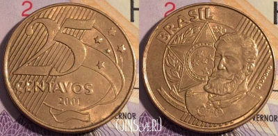 Бразилия 25 сентаво 2001 года, KM# 650, 185a-108