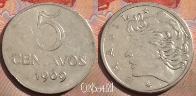 Бразилия 5 сентаво 1969 года, KM# 577.2, 153a-143