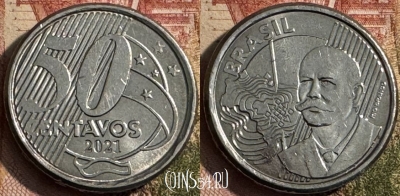 Бразилия 50 сентаво 2021 года, KM# 651a, 221s-060 ♛
