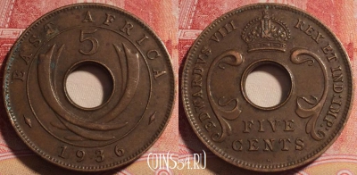 Британская Восточная Африка 5 центов 1936 года, KM# 23,