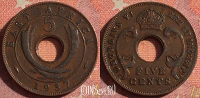 Восточная Африка 5 центов 1937 года, KM# 25, 375-021