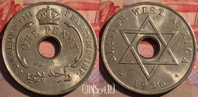 Западная Африка 1 пенни 1936 года KN, KM# 16, 215a-096