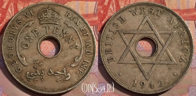 Западная Африка 1 пенни 1942 года, KM# 19, 153a-050