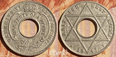 Западная Африка 1/10 пенни 1947 г., KM# 20, 464q-539 ♛