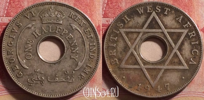Западная Африка 1/2 пенни 1947 года H, KM# 18, 221j-069