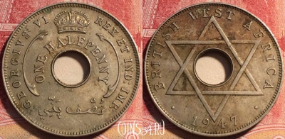 Западная Африка 1/2 пенни 1947 года H, KM# 18, 076b-099