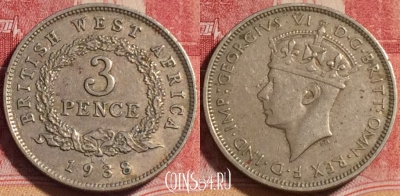 Западная Африка 3 пенса 1938 года, KM# 21, 080c-067