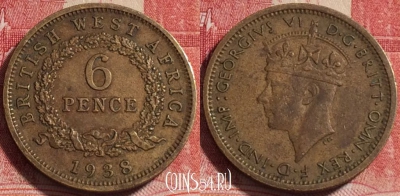 Западная Африка 6 пенсов 1938 года, KM# 22, 080c-068