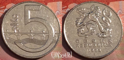 Чехия 5 крон 1993 года, KM# 8, 229a-103