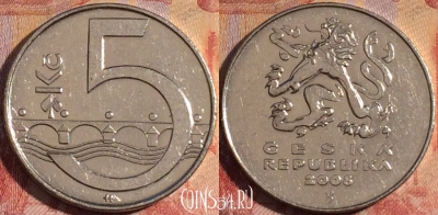 Чехия 5 крон 2008 года, KM# 8, 161a-096
